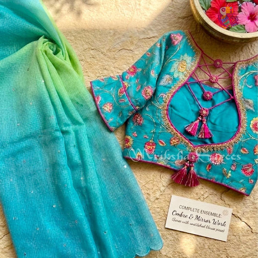 Kota Doria Ombre Saree with Mirror Work & Floral Printed Blouse – Mriksha Sarees