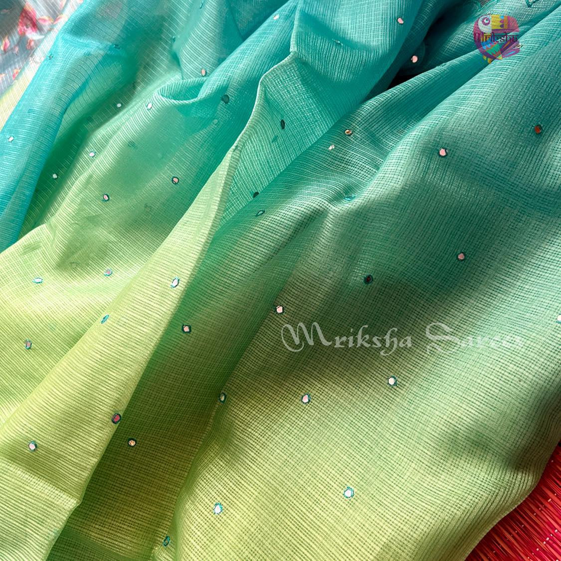 Kota Doria Ombre Saree with Mirror Work & Floral Printed Blouse – Mriksha Sarees