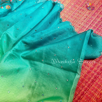 Kota Doria Ombre Saree with Mirror Work & Floral Printed Blouse – Mriksha Sarees