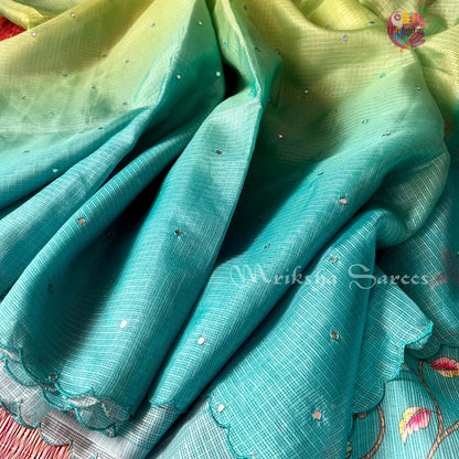 Kota Doria Ombre Saree with Mirror Work & Floral Printed Blouse – Mriksha Sarees