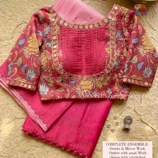Kota Doria Ombre Saree with Mirror Work & Floral Printed Blouse – Mriksha Sarees
