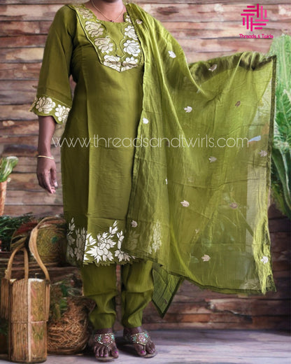 Olive Green Viscose Silk Salwar Suit with Embroidered Neckline & Dupatta | Threads & Twirls