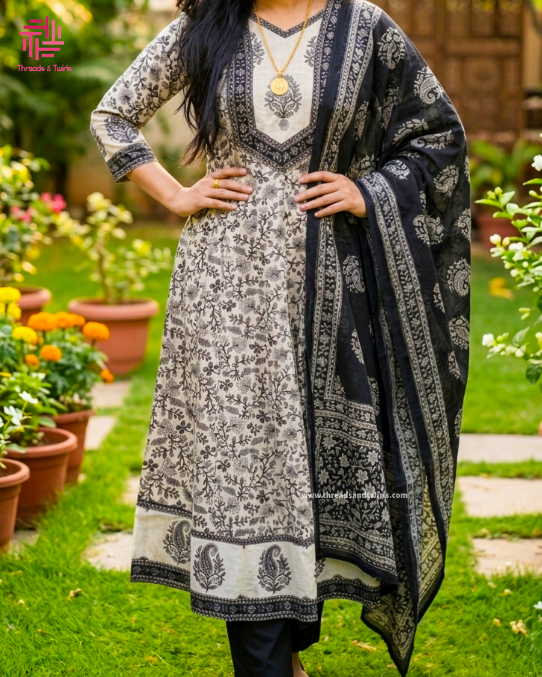 Grey Black Floral Cotton Anarkali Salwar Suit | Threads & Twirls