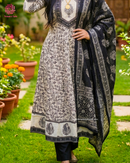 Grey Black Floral Cotton Anarkali Salwar Suit | Threads & Twirls