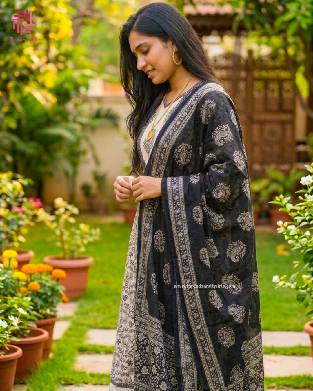 Grey Black Floral Cotton Anarkali Salwar Suit | Threads & Twirls