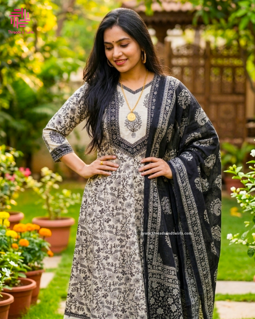 Grey Black Floral Cotton Anarkali Salwar Suit | Threads & Twirls