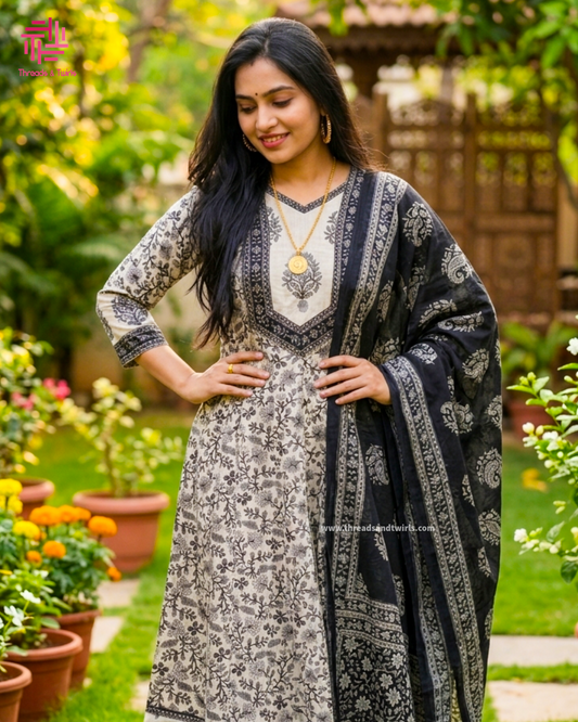Grey Black Floral Cotton Anarkali Salwar Suit | Threads & Twirls