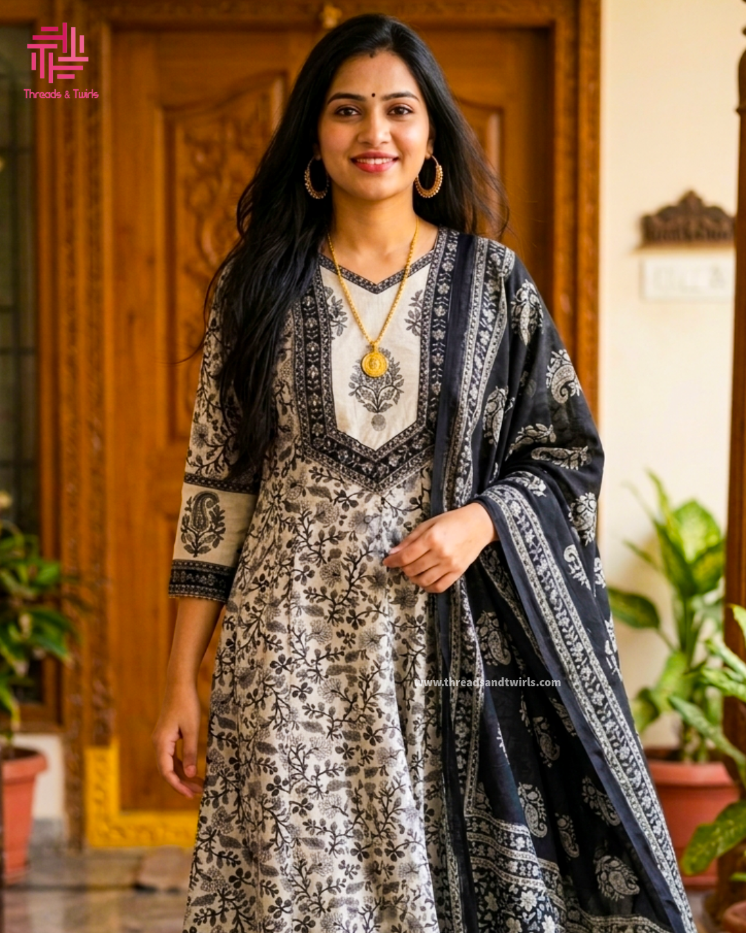 Grey Black Floral Cotton Anarkali Salwar Suit | Threads & Twirls
