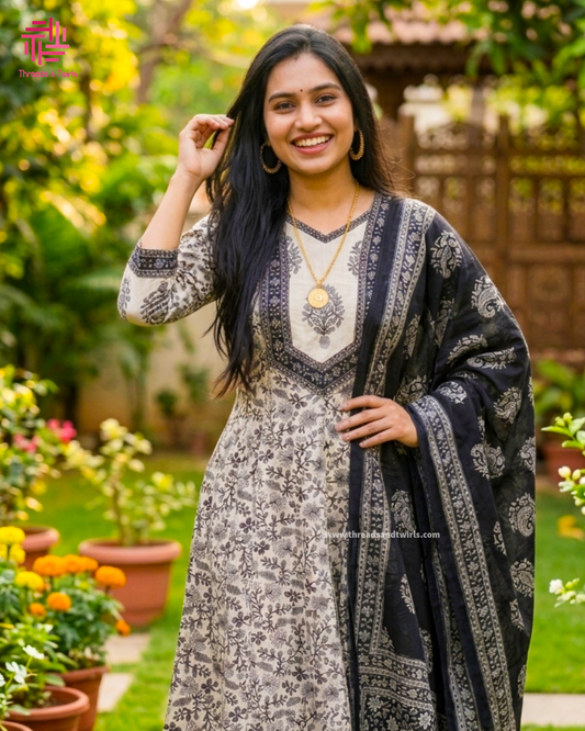 Grey Black Floral Cotton Anarkali Salwar Suit | Threads & Twirls