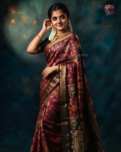 Red & Black Kalamkari Printed Viscose Silk Saree with Traditional Peacock Border | Elegant Ethnic Wear | Mriksha Sarees