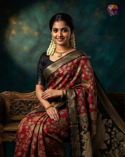 Red & Black Kalamkari Printed Viscose Silk Saree with Traditional Peacock Border | Elegant Ethnic Wear | Mriksha Sarees