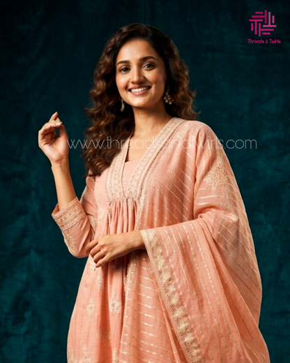 Peach Cotton Salwar Suit Set with Woven Dupatta | Straight Kurta & Pants for Women