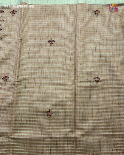 Handwoven Tissue Linen Saree with Heavy Embroidered Pallu & Contrast Beige Blouse | Pink & Blue | Mriksha Sarees