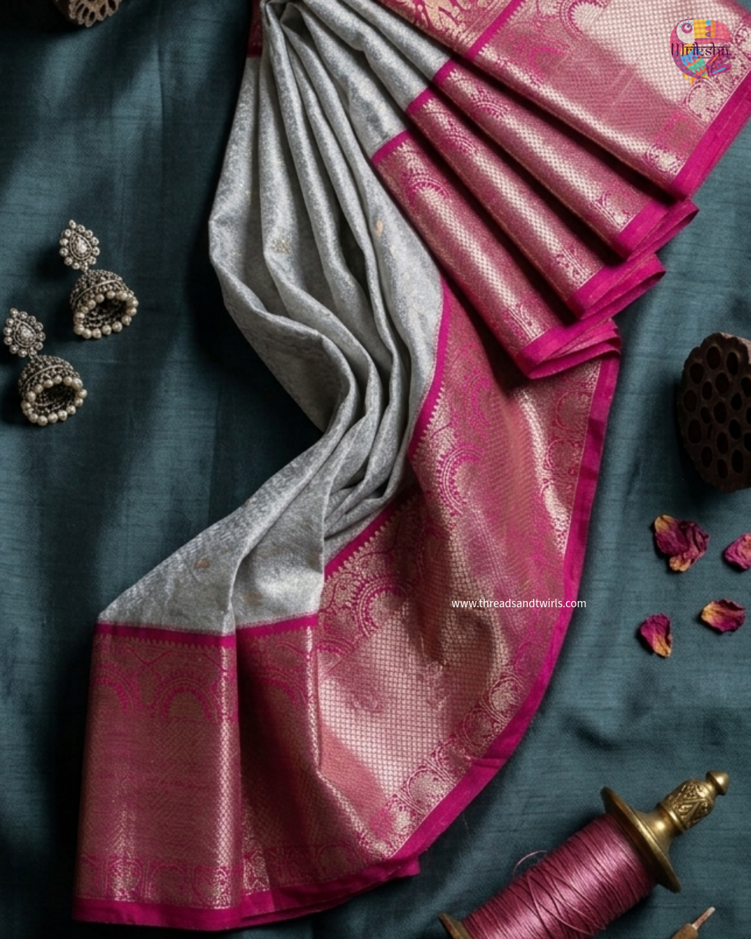 Lunar White Kanjivaram Semi Silk Saree with Contrast Pink Zari Border & Blouse Piece