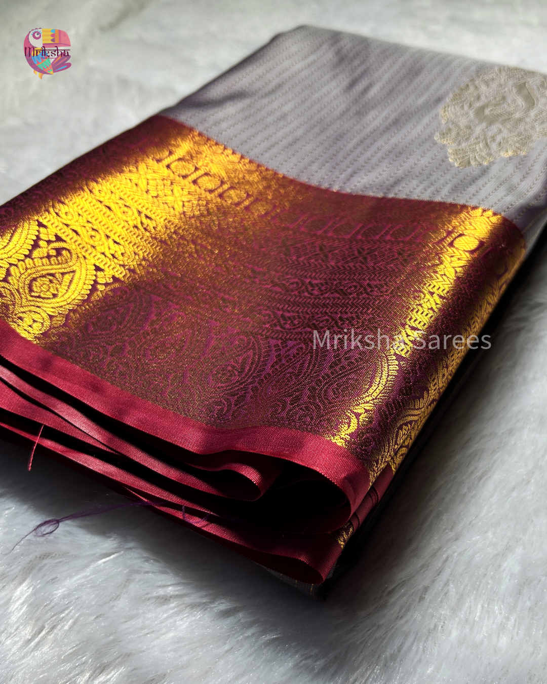 Pastel Lavender Semi Silk Saree with Vaira Oosi Pattern & Peacock Motifs | Contrast Beetroot Purple Border & Pallu | Mriksha Sarees