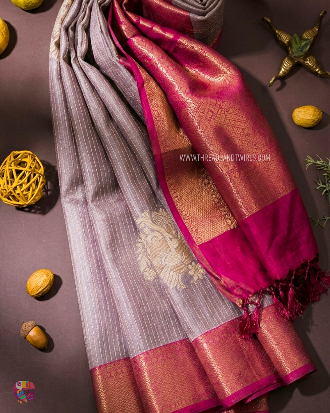 Kancheepuram Semi Silk Saree with Vaira Oosi Pattern & Floral Motifs | Sparkling Silver, Lotus Biscoff Brown & Mulberry Pink | Mriksha Sarees