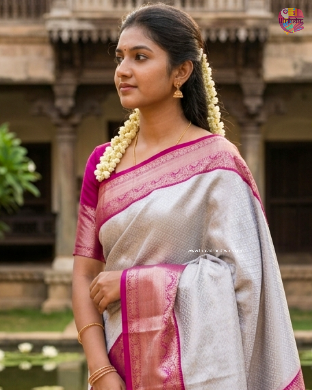 Lunar White Kanjivaram Semi Silk Saree with Contrast Pink Zari Border & Blouse Piece