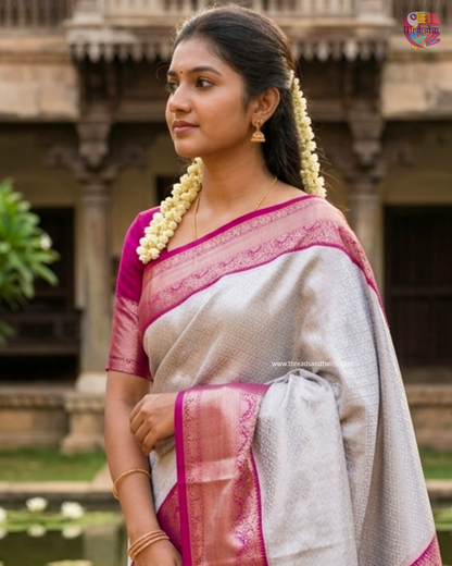 Lunar White Kanjivaram Semi Silk Saree with Contrast Pink Zari Border & Blouse Piece
