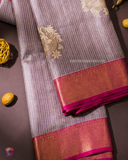 Kancheepuram Semi Silk Saree with Vaira Oosi Pattern & Floral Motifs | Sparkling Silver, Lotus Biscoff Brown & Mulberry Pink | Mriksha Sarees