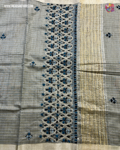 Handwoven Tissue Linen Saree with Heavy Embroidered Pallu & Contrast Beige Blouse | Pink & Blue | Mriksha Sarees