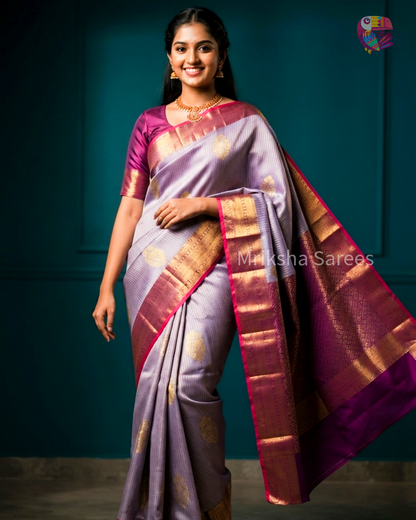 Pastel Lavender Semi Silk Saree with Vaira Oosi Pattern & Peacock Motifs | Contrast Beetroot Purple Border & Pallu | Mriksha Sarees