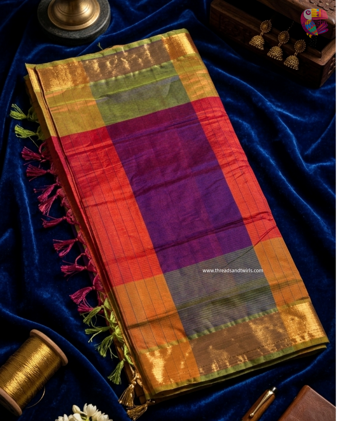 Multicolor Palum Pazhamum Checks Kanchipuram Silk Cotton Saree with Zari Border | Mriksha Sarees
