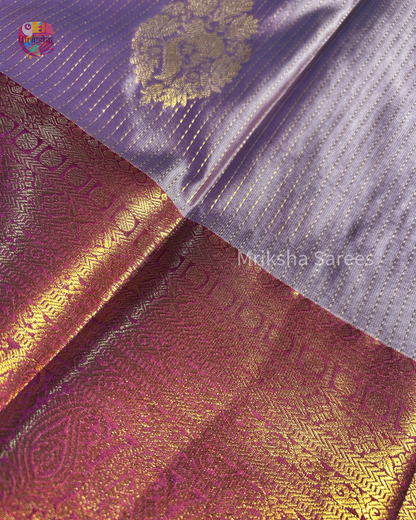 Pastel Lavender Semi Silk Saree with Vaira Oosi Pattern & Peacock Motifs | Contrast Beetroot Purple Border & Pallu | Mriksha Sarees