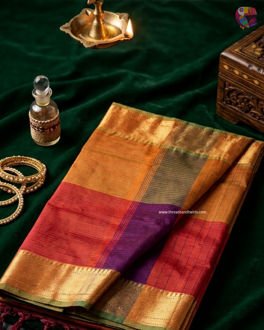 Multicolor Palum Pazhamum Checks Kanchipuram Silk Cotton Saree with Zari Border | Mriksha Sarees