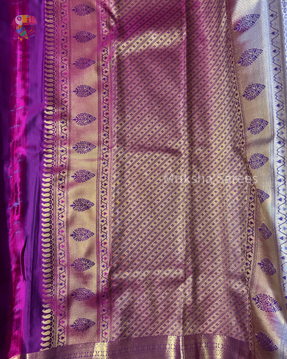 Pastel Lavender Semi Silk Saree with Vaira Oosi Pattern & Peacock Motifs | Contrast Beetroot Purple Border & Pallu | Mriksha Sarees