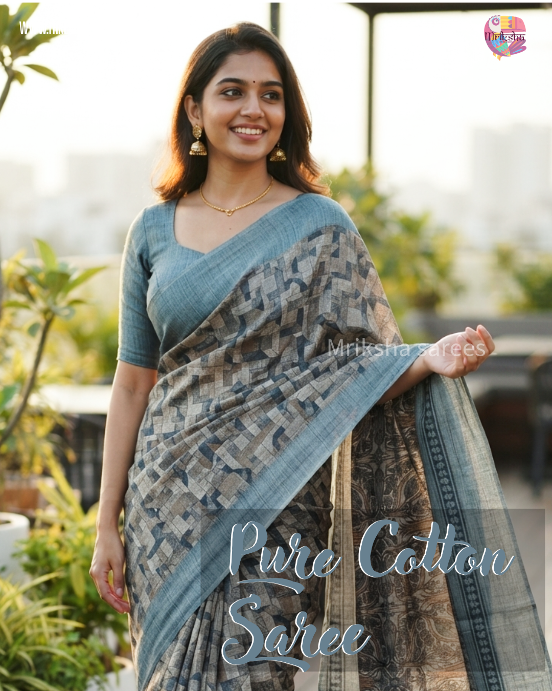Pure Cotton Geometric Printed Saree with Plain Blouse | Bluish Grey & Chocolate Brown | Threads & Twirls