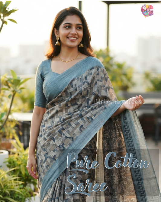 Pure Cotton Floral / Geometric Printed Saree with Plain Blouse |Royal Blue, Red, Bluish Grey & Chocolate Brown | Threads & Twirls