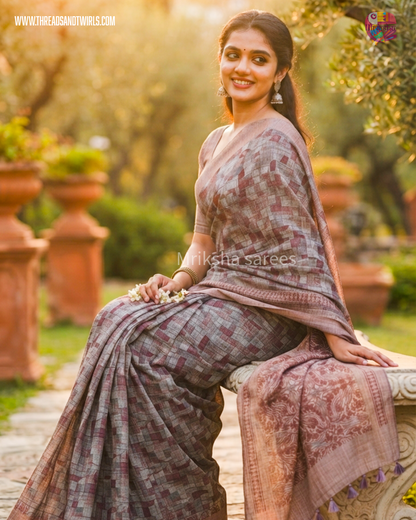 Pure Cotton Geometric Printed Saree with Plain Blouse | Bluish Grey & Chocolate Brown | Threads & Twirls
