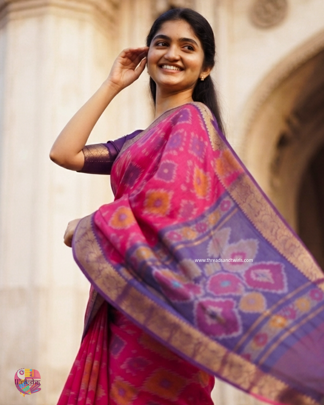 Rani Pink Silk Cotton Ikat Saree with Purple Zari Border & Geometric Motifs | Mriksha Sarees