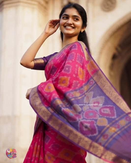Rani Pink Silk Cotton Ikat Saree with Purple Zari Border & Geometric Motifs | Mriksha Sarees