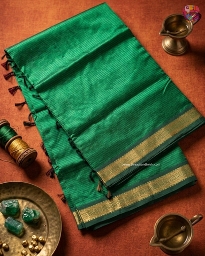 Bottle Green Raw Silk Cotton Saree with Gold Zari Border & Running Blouse | Mriksha Sarees