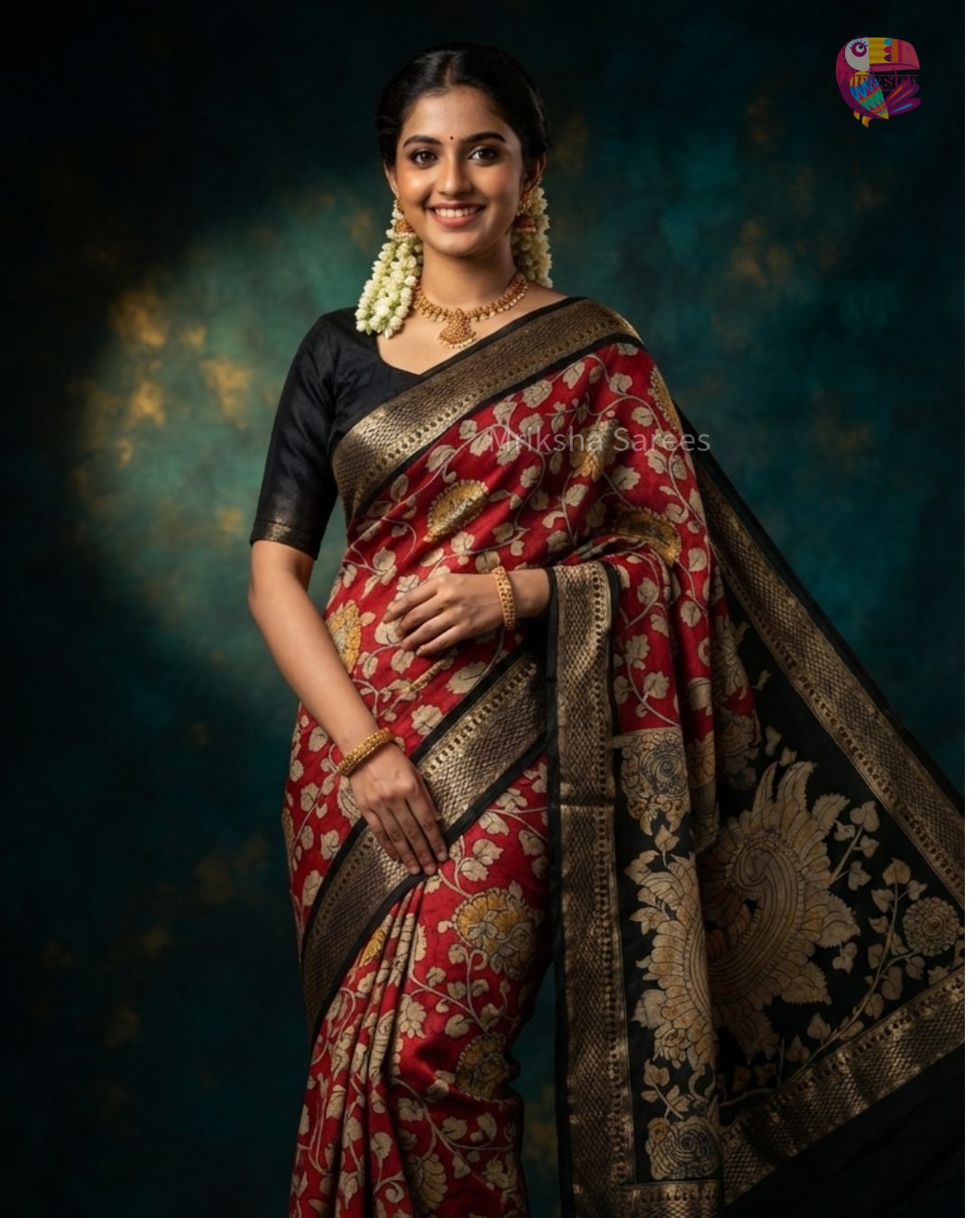 Red & Black Kalamkari Printed Viscose Silk Saree with Traditional Peacock Border | Elegant Ethnic Wear | Mriksha Sarees