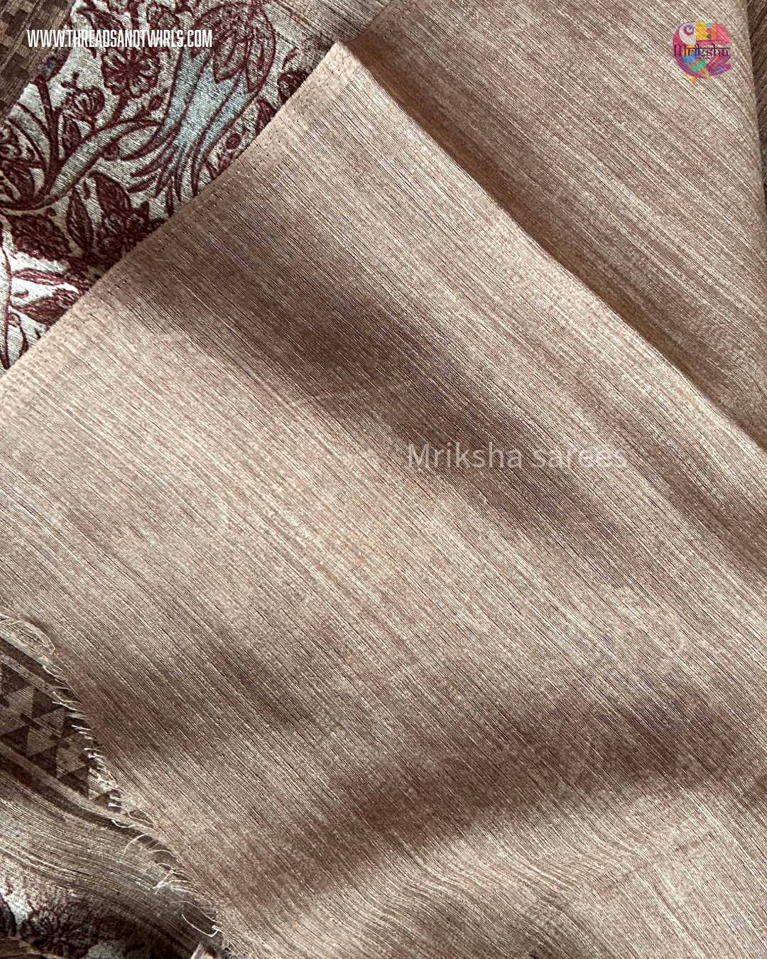 Pure Cotton Geometric Printed Saree with Plain Blouse | Bluish Grey & Chocolate Brown | Threads & Twirls