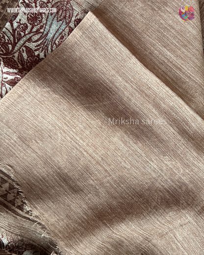 Pure Cotton Geometric Printed Saree with Plain Blouse | Bluish Grey & Chocolate Brown | Threads & Twirls