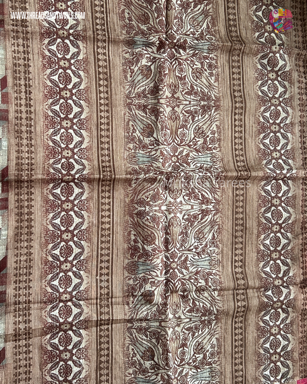 Pure Cotton Geometric Printed Saree with Plain Blouse | Bluish Grey & Chocolate Brown | Threads & Twirls