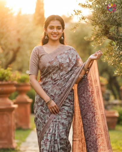 Pure Cotton Geometric Printed Saree with Plain Blouse | Bluish Grey & Chocolate Brown | Threads & Twirls