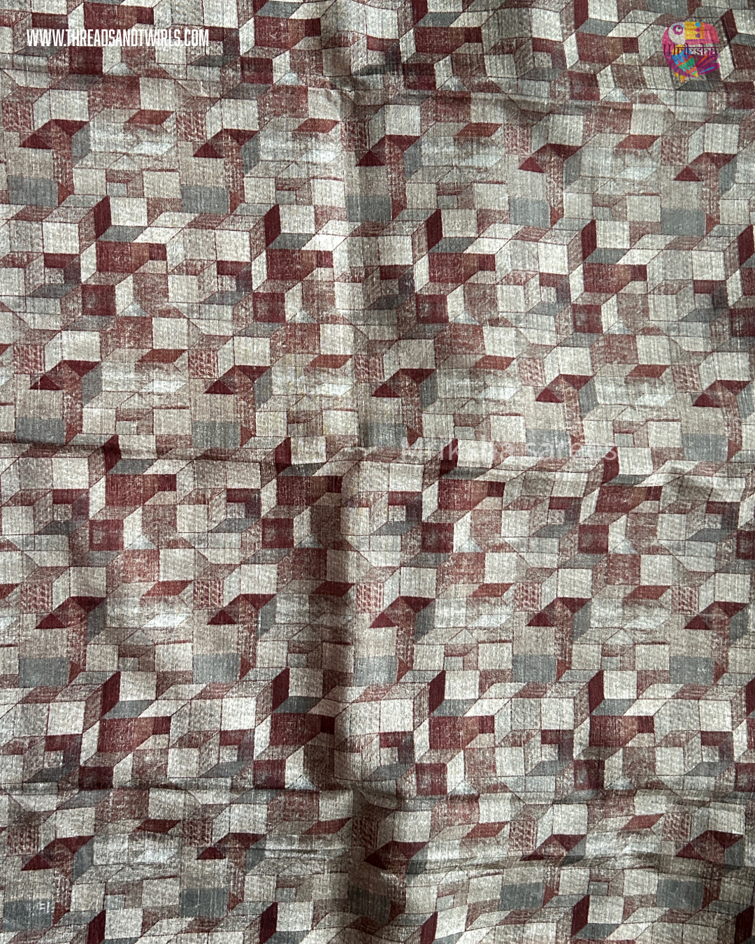 Pure Cotton Geometric Printed Saree with Plain Blouse | Bluish Grey & Chocolate Brown | Threads & Twirls