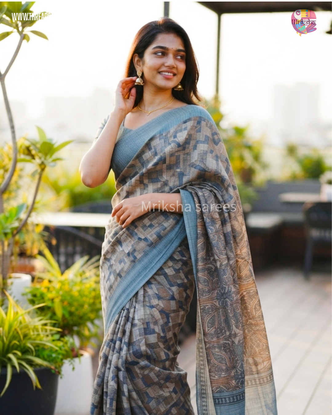 Pure Cotton Geometric Printed Saree with Plain Blouse | Bluish Grey & Chocolate Brown | Threads & Twirls