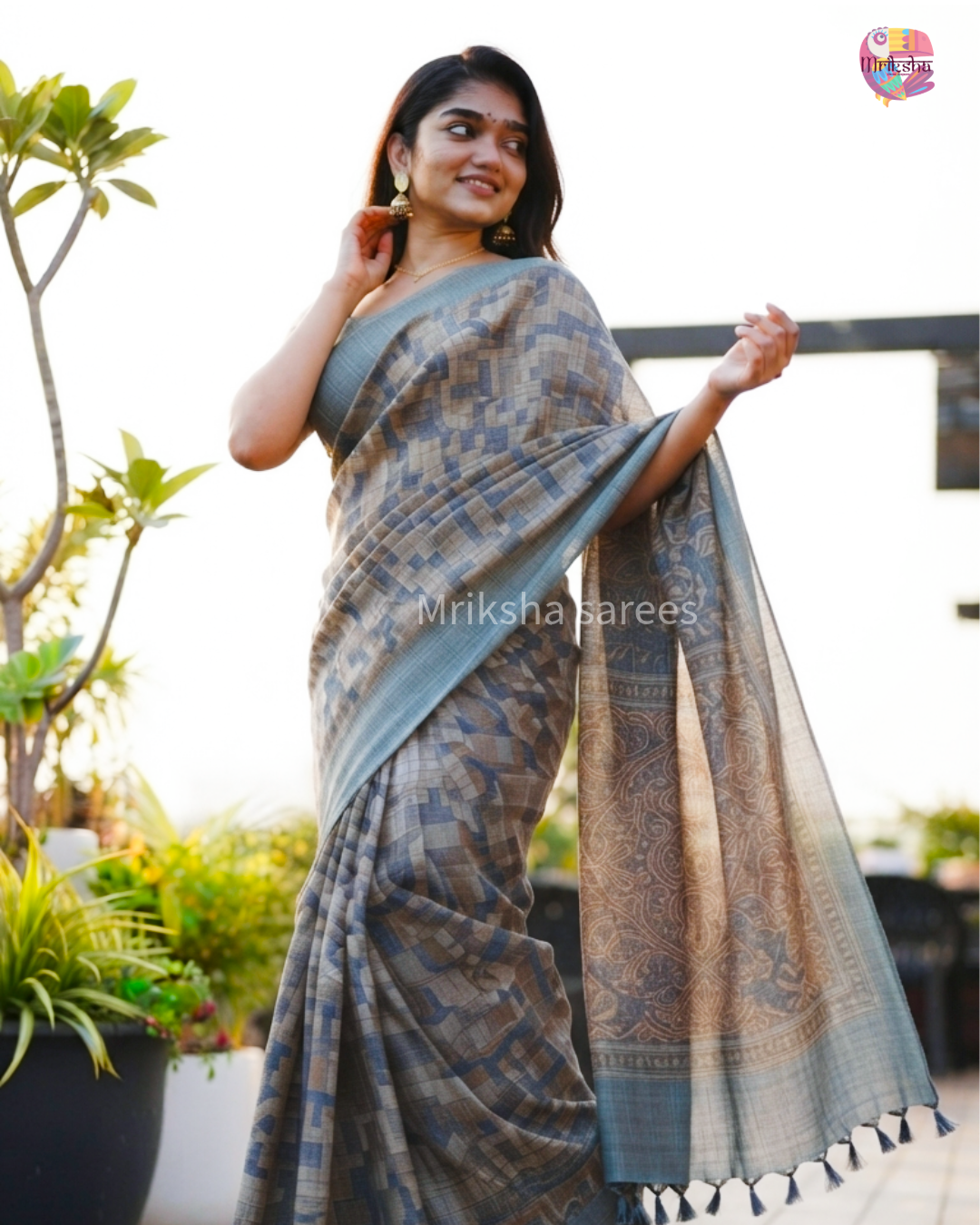 Pure Cotton Geometric Printed Saree with Plain Blouse | Bluish Grey & Chocolate Brown | Threads & Twirls
