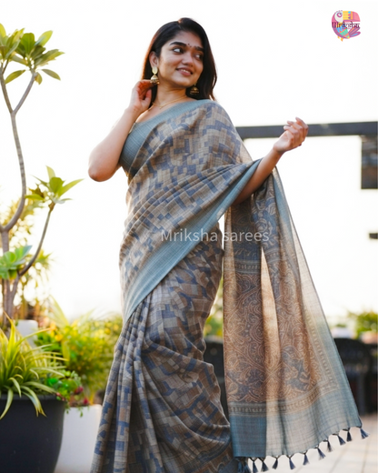 Pure Cotton Geometric Printed Saree with Plain Blouse | Bluish Grey & Chocolate Brown | Threads & Twirls
