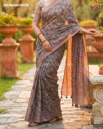 Pure Cotton Geometric Printed Saree with Plain Blouse | Bluish Grey & Chocolate Brown | Threads & Twirls