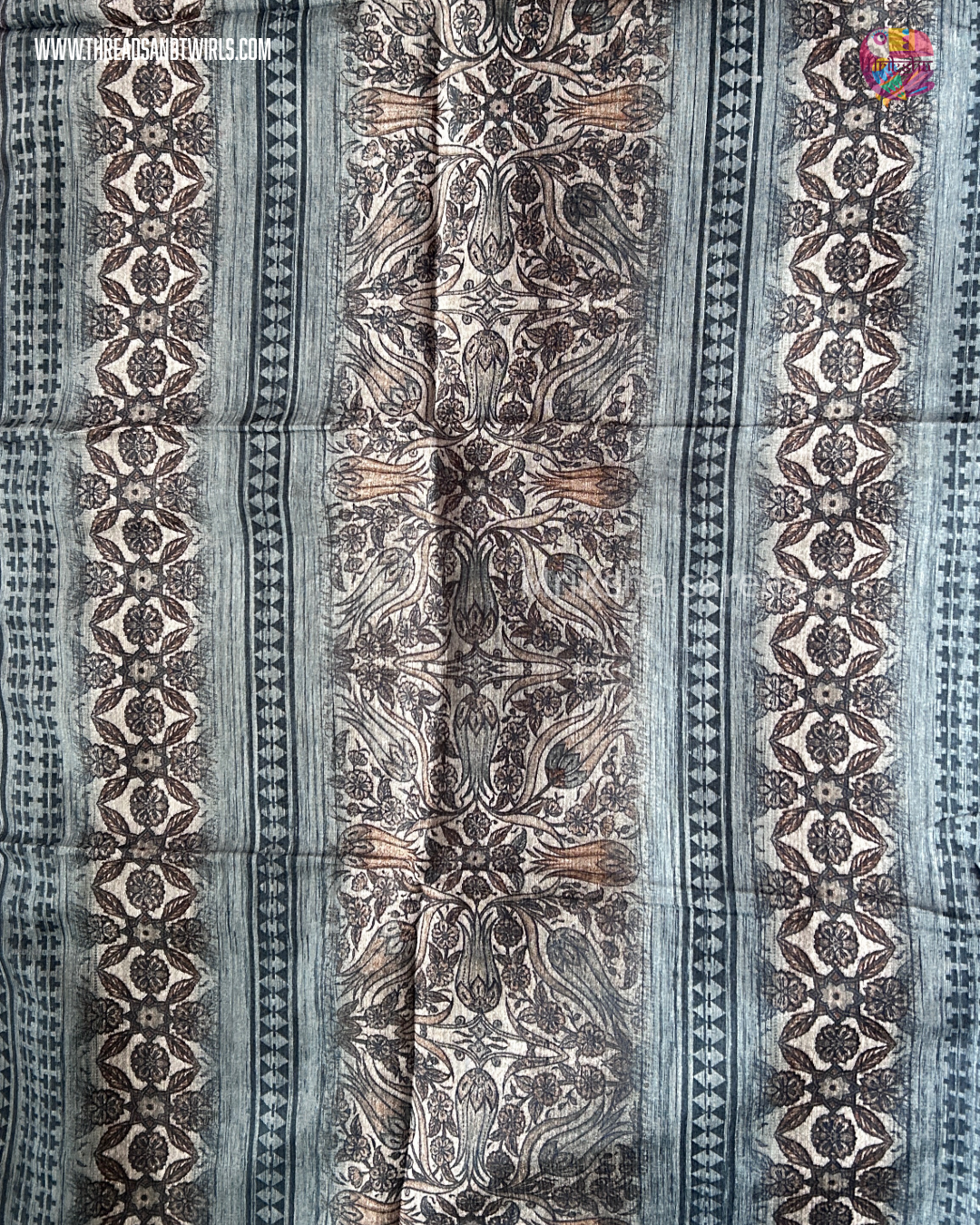 Pure Cotton Geometric Printed Saree with Plain Blouse | Bluish Grey & Chocolate Brown | Threads & Twirls