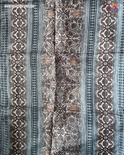 Pure Cotton Geometric Printed Saree with Plain Blouse | Bluish Grey & Chocolate Brown | Threads & Twirls