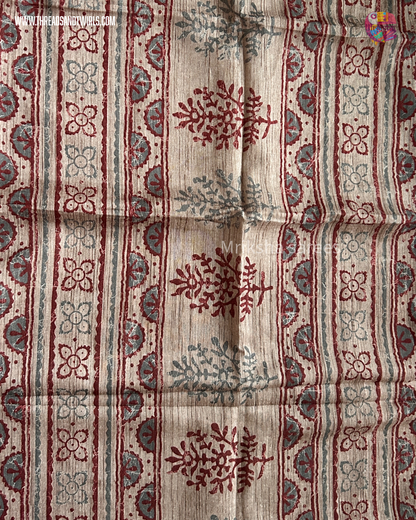 Pure Cotton Floral / Geometric Printed Saree with Plain Blouse |Royal Blue, Red, Bluish Grey & Chocolate Brown | Threads & Twirls