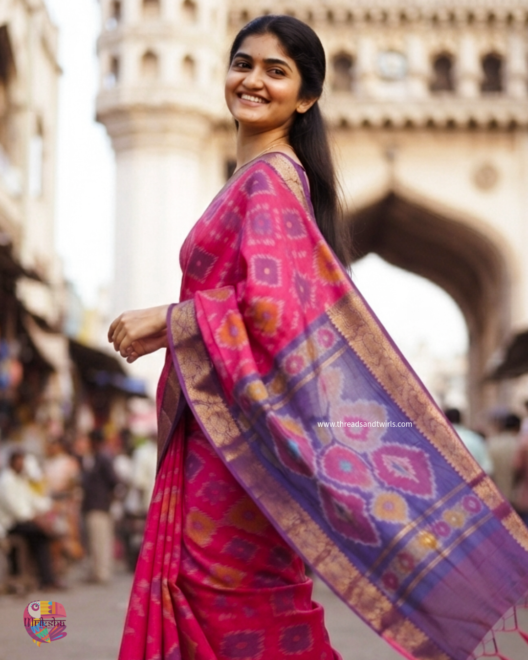 Rani Pink Silk Cotton Ikat Saree with Purple Zari Border & Geometric Motifs | Mriksha Sarees