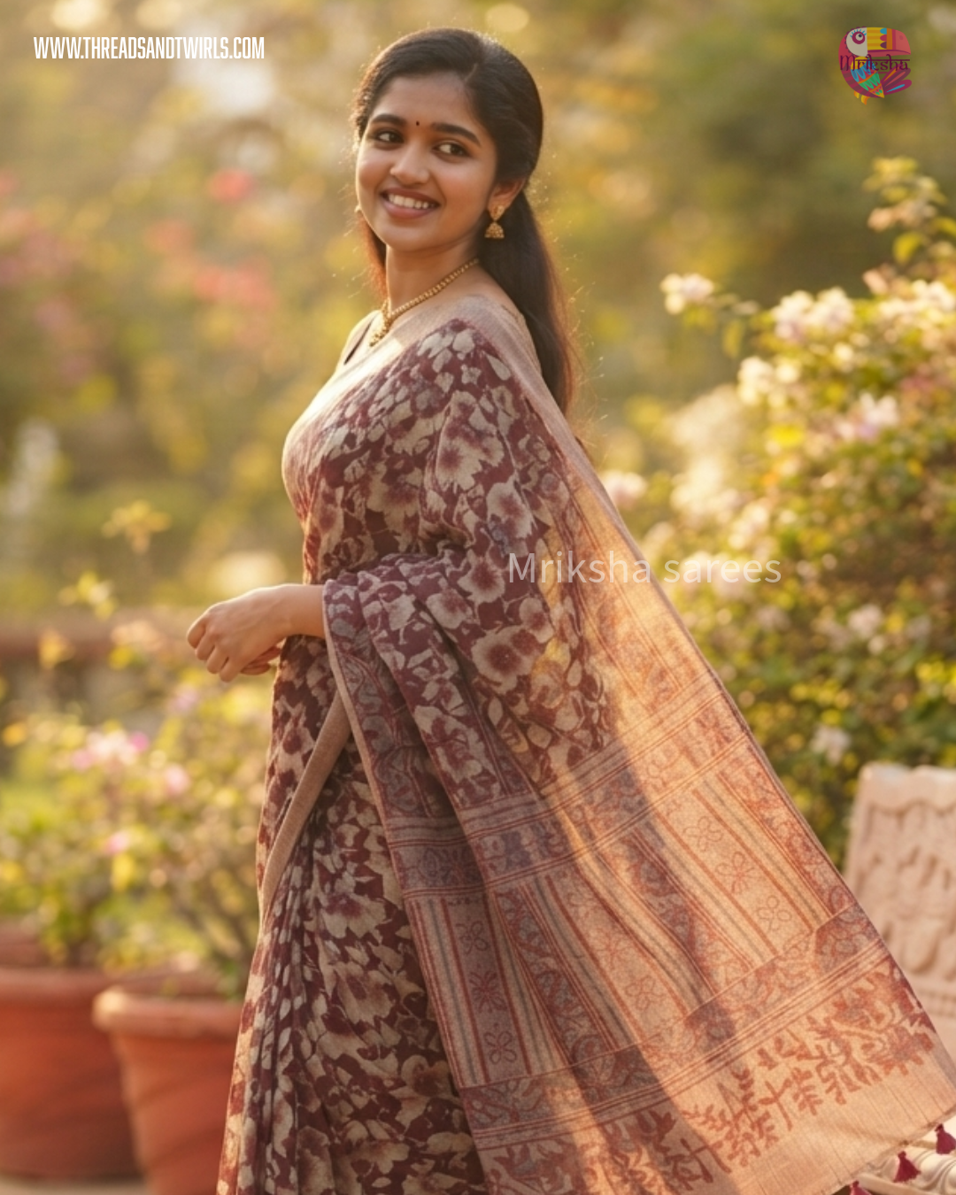 Pure Cotton Floral / Geometric Printed Saree with Plain Blouse |Royal Blue, Red, Bluish Grey & Chocolate Brown | Threads & Twirls